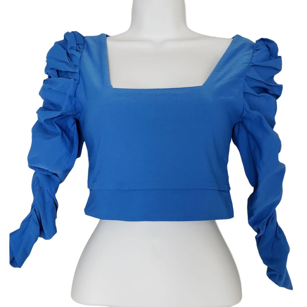 Aroma Crop Top Womens XS Blue Puff Sleeve Ruffle Blouse